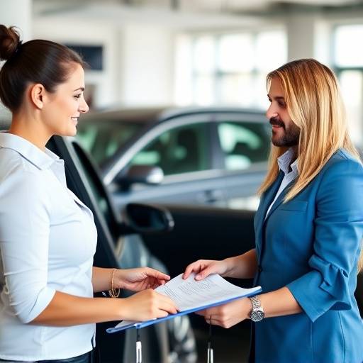 A Bella Machina representative assisting a customer with paperwork for selling their car