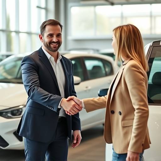 A sales representative shaking hands with a customer after a car sale at Bella Machina