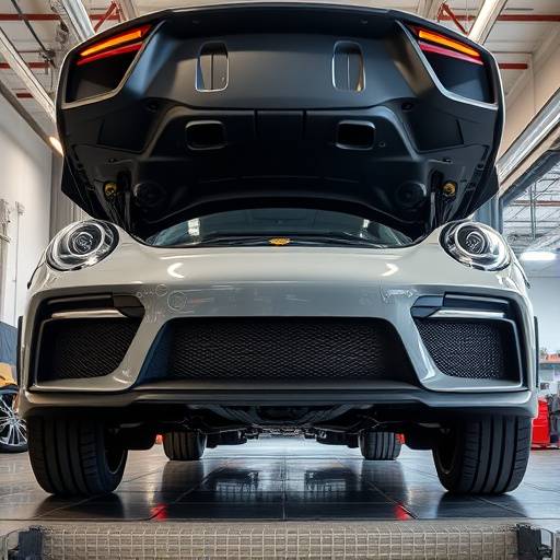 A technician inspecting the undercarriage of a sports car on a lift