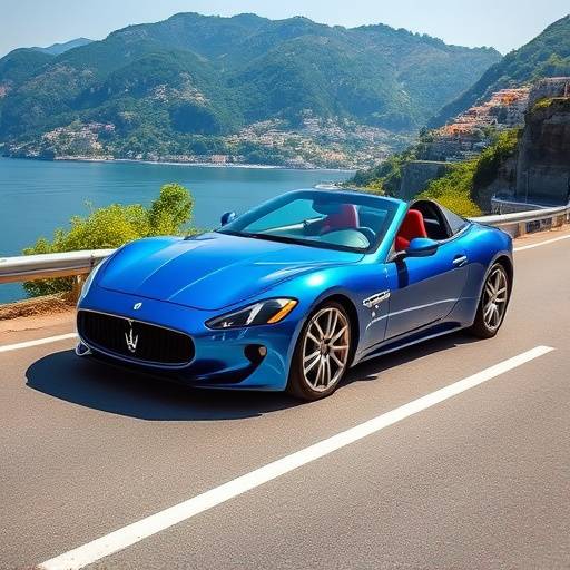 Blue Maserati MC20 driving along the Amalfi Coast