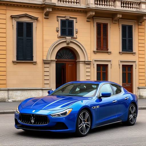 Elegant blue Maserati Ghibli parked in front of a classic Italian building.