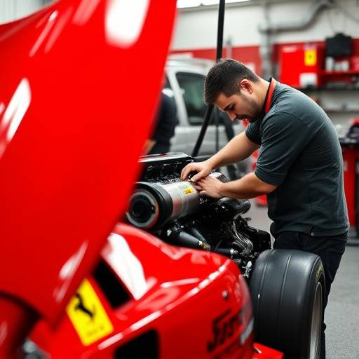 Ferrari engine being serviced by a technician