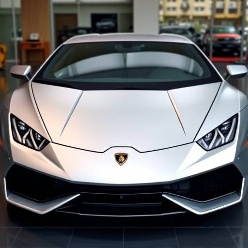 Front view of a sleek silver Lamborghini Huracan parked in a modern showroom.