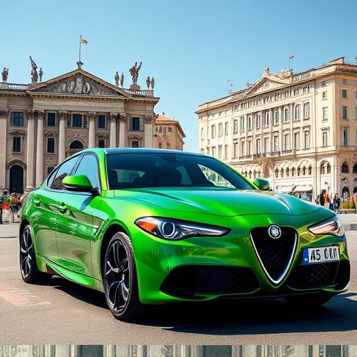 Green Alfa Romeo Giulia Quadrifoglio parked in front of the Duomo in Milan