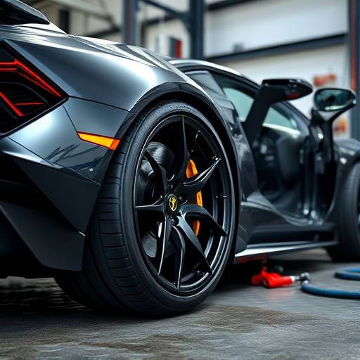 Lamborghini tires being replaced in a service bay