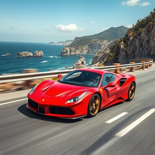 Red Ferrari speeding on a coastal road, capturing the essence of Italian automotive passion.