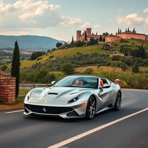 Silver Ferrari Roma driving through the Italian countryside