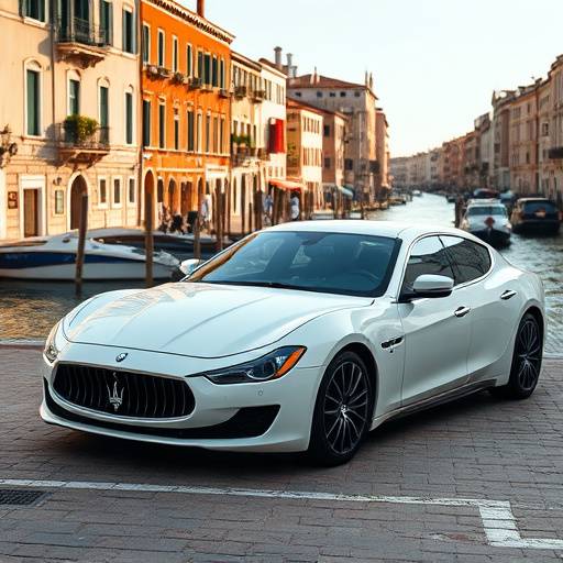White Maserati Ghibli Trofeo parked near the canals of Venice