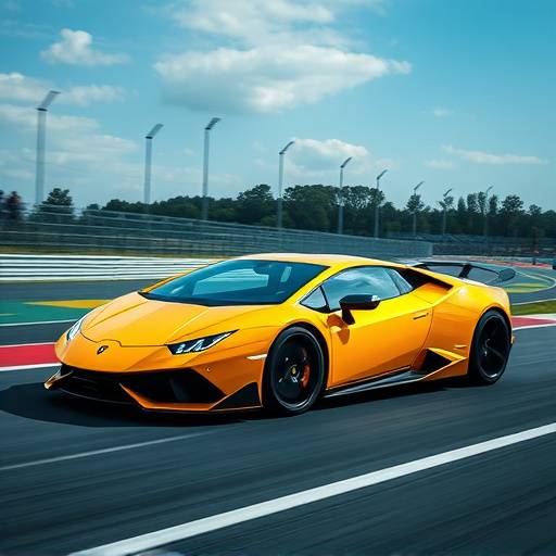 Yellow Lamborghini Aventador SVJ racing on a track